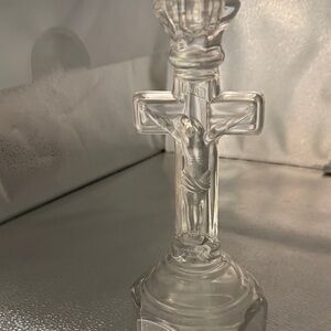 Vintage Clear Pressed Glass Crucifix Candle Holder